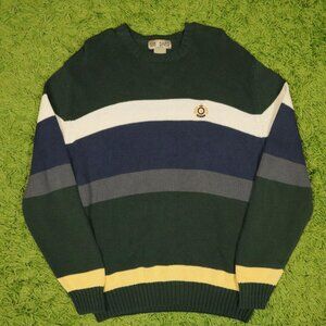 Vintage Striped Colorblock Knit Crewneck Sweater Green Navy White Yellow Color